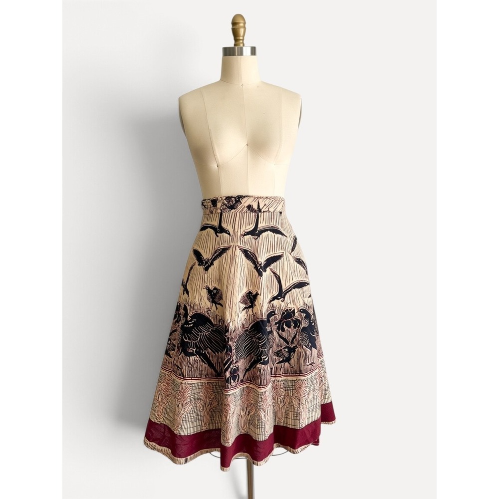 Vintage Wrap Skirt Bird Block Print OS Beige Burgundy Cotton A-Line Midi